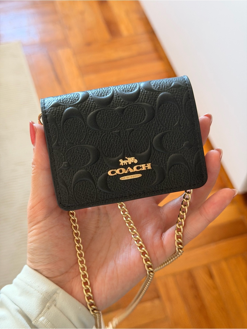 Coach Black Leather Mini Wallet Crossbody with Gold Chain